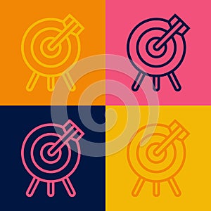 Pop art line Target financial goal concept icon isolated on color background. Symbolic goals achievement, success
