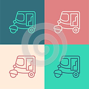 Pop art line Taxi tuk tuk icon isolated on color background. Indian auto rickshaw concept. Delhi auto. Vector