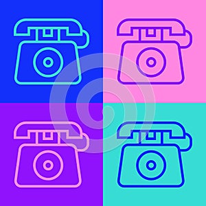 Pop art line Telephone with emergency call 911 icon isolated on color background. Police, ambulance, fire department