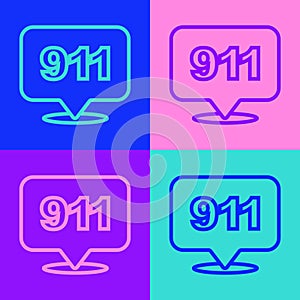 Pop art line Telephone with emergency call 911 icon isolated on color background. Police, ambulance, fire department