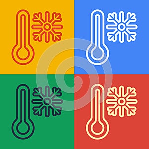 Pop art line Thermometer with snowflake icon isolated on color background. Vector