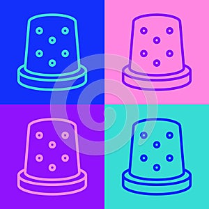 Pop art line Thimble for sewing icon isolated on color background. Vector