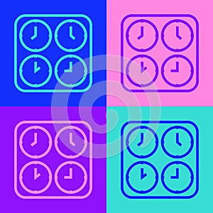 Pop art line Time zone clocks icon isolated on color background. Vector