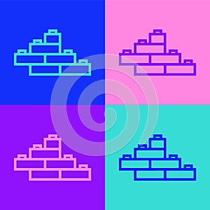 Pop art line Toy building block bricks for children icon isolated on color background. Vector