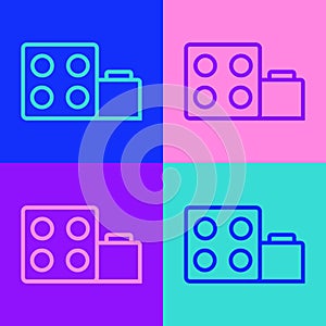 Pop art line Toy building block bricks for children icon isolated on color background. Vector