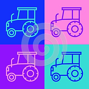 Pop art line Tractor icon isolated on color background. Vector
