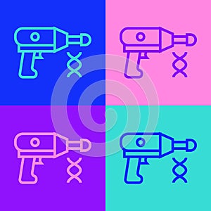 Pop art line Transfer liquid gun in biological laborator icon isolated on color background. Vector