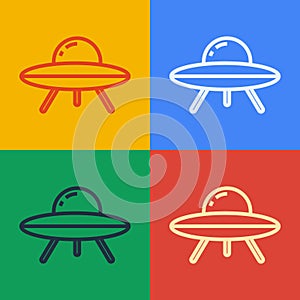 Pop art line UFO flying spaceship icon isolated on color background. Flying saucer. Alien space ship. Futuristic unknown