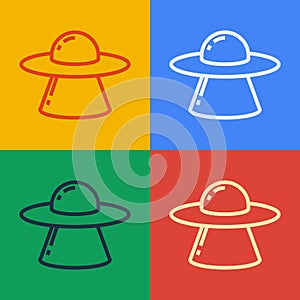 Pop art line UFO flying spaceship icon isolated on color background. Flying saucer. Alien space ship. Futuristic unknown flying