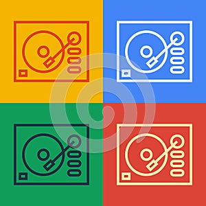 Pop art line Vinyl player with a vinyl disk icon isolated on color background. Vector Illustration