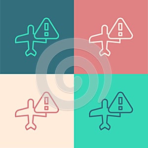 Pop art line Warning aircraft icon isolated on color background. Faulty plane. Flying prohibition zone. Plane is