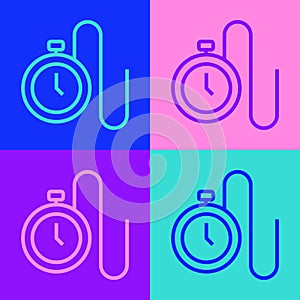 Pop art line Watch with a chain icon isolated on color background. Vector