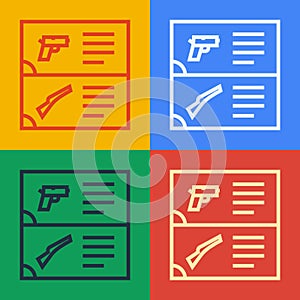 Pop art line Weapon catalog icon isolated on color background. Police or military handgun. Small firearm. Vector