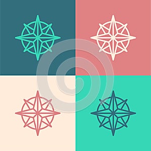 Pop art line Wind rose icon isolated on color background. Compass icon for travel. Navigation design. Vector