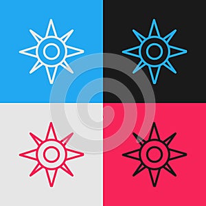 Pop art line Wind rose icon isolated on color background. Compass icon for travel. Navigation design. Vector