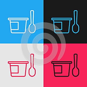 Pop art line Yogurt container with spoon icon isolated on color background. Yogurt in plastic cup. Vector