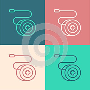 Pop art line Yoyo toy icon isolated on color background. Vector