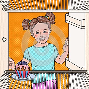 Pop Art Little Girl Sees Tasty Cake in the Fridge. Kid Eating Sweet Food