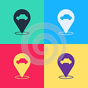 Pop art Location with car service icon isolated on color background. Auto mechanic service. Repair service auto mechanic