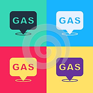 Pop art Location and petrol or gas station icon isolated on color background. Car fuel symbol. Gasoline pump. Vector