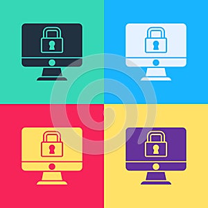 Pop art Lock on computer monitor screen icon isolated on color background. Security, safety, protection concept. Safe