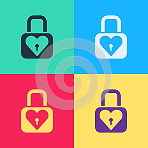 Pop art Lock and heart icon isolated on color background. Locked Heart. Love symbol and keyhole sign. Valentines day