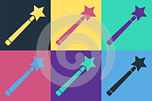 Pop art Magic wand icon isolated on color background. Star shape magic accessory. Magical power. Vector