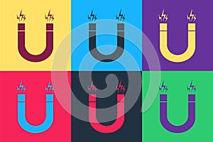 Pop art Magnet icon isolated on color background. Horseshoe magnet, magnetism, magnetize, attraction. Vector