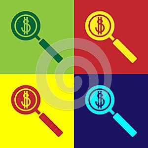 Pop art Magnifying glass and dollar symbol icon isolated on color background. Find money. Looking for money. Vector