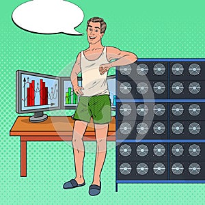 Pop Art Male Miner with Bitcoin Farm at Home. Cryptocurrency Mining Technology