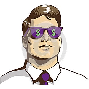 Pop art man billionaire in dollar glasses vector