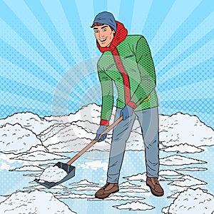 Pop Art Man Clearing Snow with Shovel. Winter Snowfall