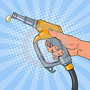 Pop Art Man Hand Holding Refueling Gun. Gas Station