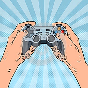 Pop Art Man Holding Gamepad. Male Hands with Joystick Console. Video Game