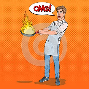 Pop Art Man in the Kitchen Holding Pan. Afraid Young Guy in Apron Cooking with Burning Pan