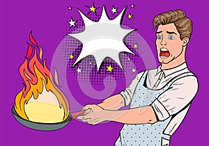 Pop Art Man in the Kitchen Holding Pan. Afraid Young Guy in Apron Cooking with Burning Pan