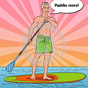 Pop Art Man Paddling on Stand Up Paddle Board. SUP Watersport on the Sea