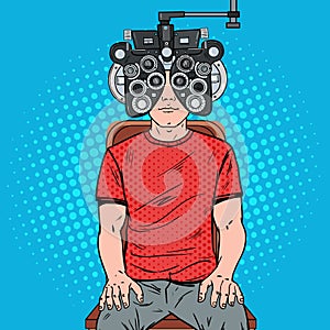 Pop Art Man Patient at Optometric Clinic with Optical Phoropter. Eye Examination