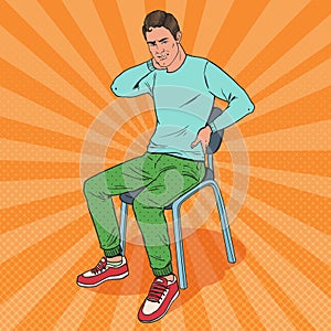 Pop Art Man Suffering from Back and Neck Pain Sitting on the Chair. Guy Feeling Unwell