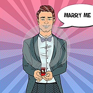 Pop Art Man in Tail-Coat with Wedding Ring. Marriage Proposal