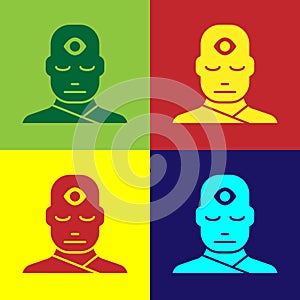 Pop art Man with third eye icon isolated on color background. The concept of meditation, vision of energy, aura. Vector