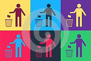 Pop art Man throwing trash into dust bin icon isolated on color background. Recycle symbol. Trash can sign. Vector