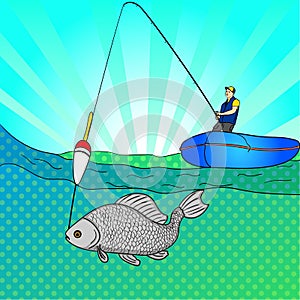 Pop art man who fishing in open sea. Fishing cartoon. Fisherman in boat pulling fish. Raster Image Comic book style