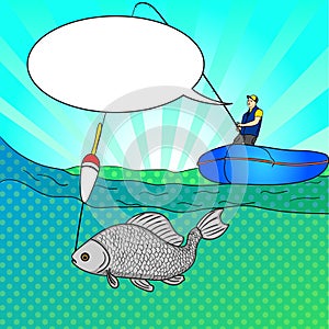 Pop art man who fishing in open sea. Fishing cartoon. Fisherman in boat pulling fish. Vector Image Comic book style