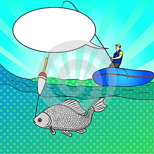 Pop art man who fishing in open sea. Fishing cartoon. Fisherman in boat pulling fish. Raster Image Comic book style