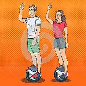 Pop Art Man and Woman Riding Solowheel. Self-Balancing Electric Scooter