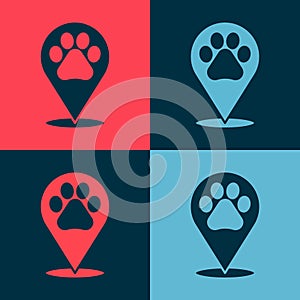 Pop art Map pointer with veterinary medicine hospital, clinic or pet shop for animals icon isolated on color background