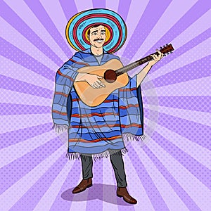 Pop Art Mariachi Playing Guitar. Mexican Man in Poncho and Sombrero