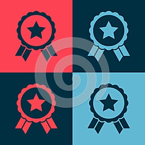 Pop art Medal with star icon isolated on color background. Winner achievement sign. Award medal. Vector