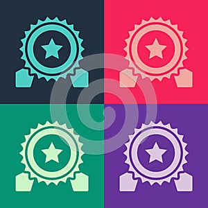 Pop art Medal with star icon isolated on color background. Winner achievement sign. Award medal. Vector